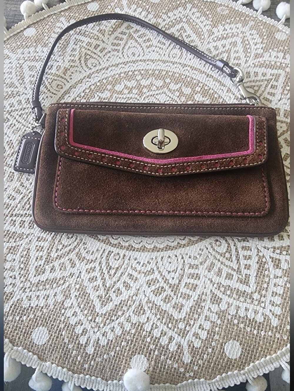 VINTAGE Coach Brown Suede Wristlet with Pink Trim and Gold Turn-Lock GUC